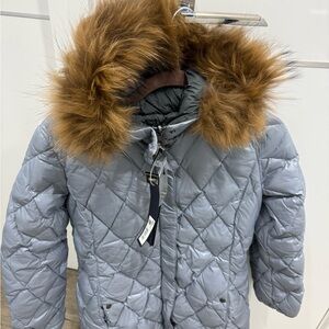 SAM Gray Quilted down Jacket with removable Faux Fur Hood